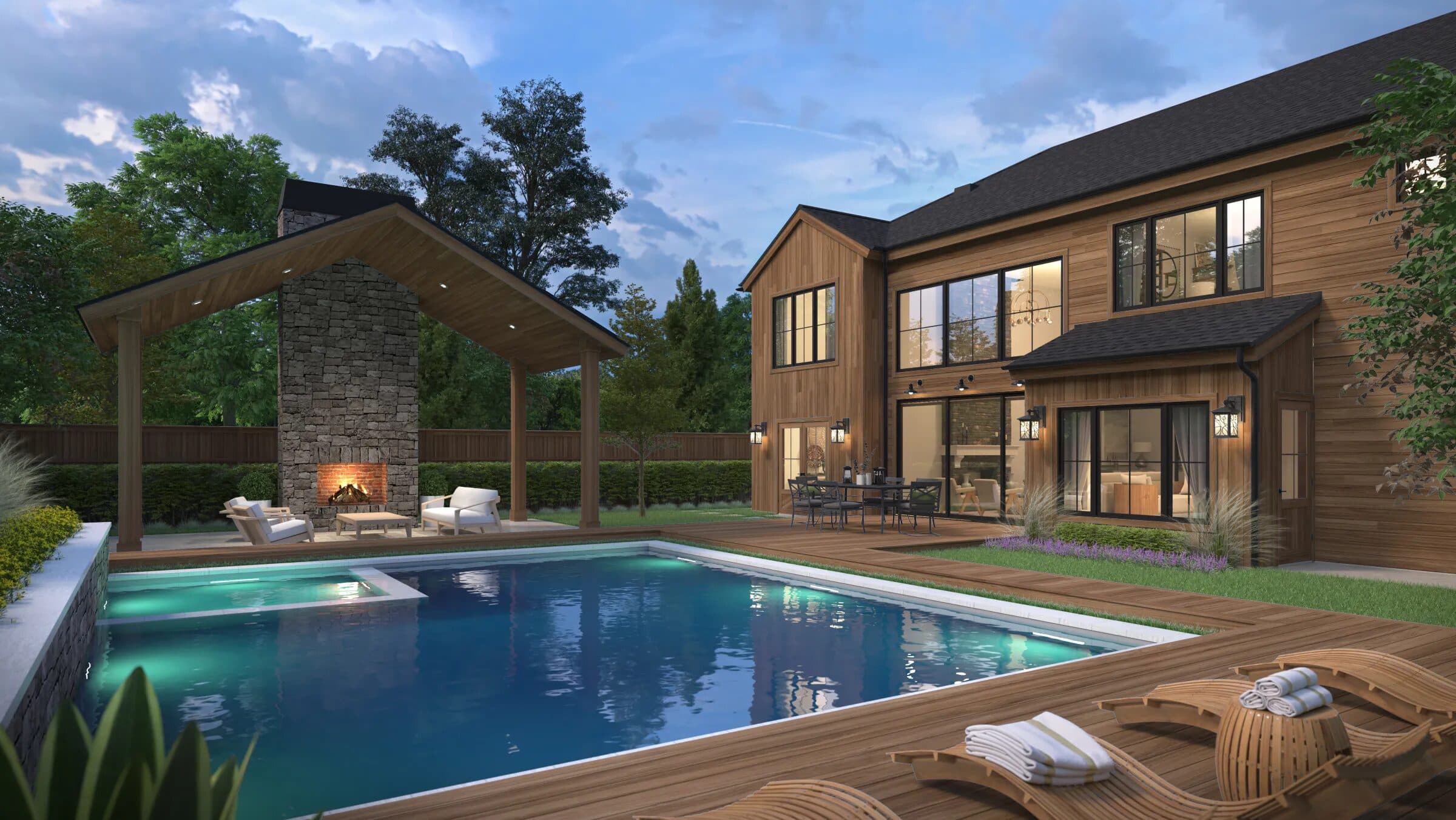 Hemlock thermally modified wood on a luxury backyard elevation